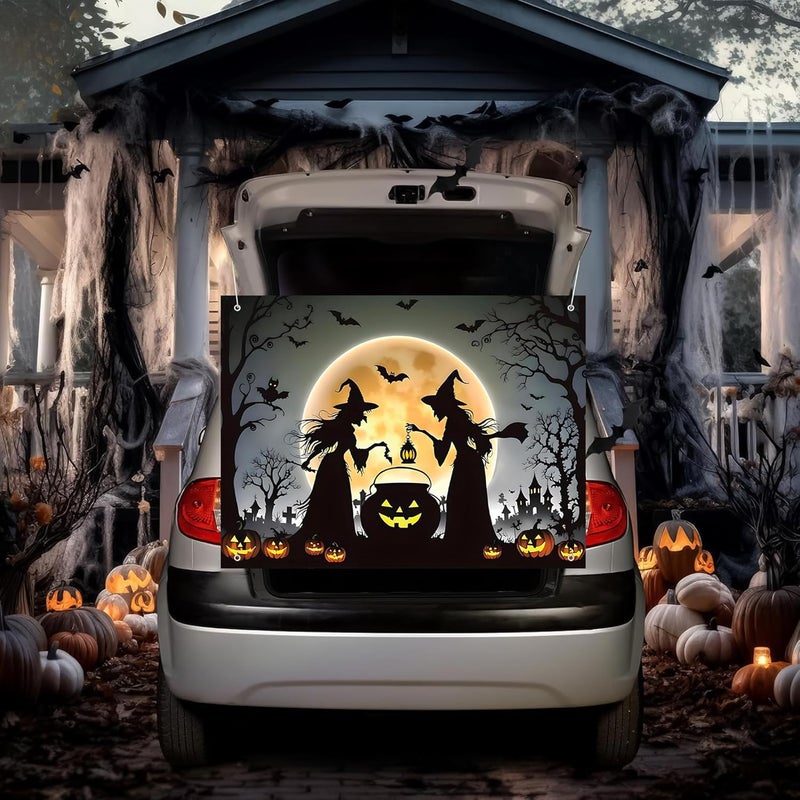 Pedel Halloween Trunk Or Treat Car Decoration Kits for Suv Banner, Halloween Moon Witch Backdrop Banner for Archway Garage Door Haunted House Car Trunk Décor - Image 3